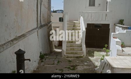 Eine Outdoor-Szene mit rustikalen weiß getünchten Gebäuden mit verwitterten Wänden und einer Treppe in der historischen Stadt ostuni, apulien, italien während der da Stockfoto