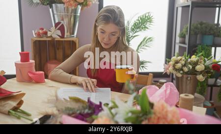 Eine junge Frau liest an einem Blumenladen-Tisch mit einer Kaffeetasse, umgeben von Blumenwaren. Stockfoto