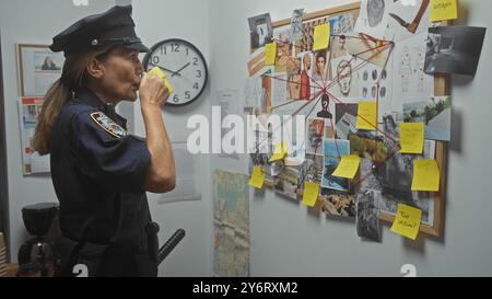 Eine Polizistin trinkt Kaffee in einer Polizeiwache, umgeben von einer Beweistafel mit Fotos und Notizen. Stockfoto