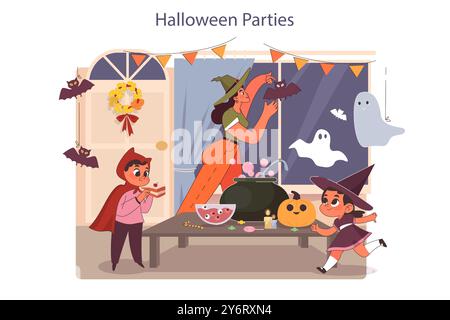 Halloween feiern. Glückliche Kinder im Kostüm. Freunde auf einer Trick-or-Treat-Party mit Karnevalsdekorationen und Kürbissen. Gruselige Nachttraditionen. Illustration des flachen Vektors Stock Vektor