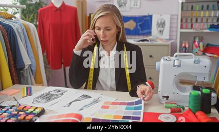 Eine konzentrierte kaukasische Frau spricht am Telefon, während sie in einem bunten Schneidergeschäft mit Skizzen und Nähgeräten um sie herum arbeitet. Stockfoto