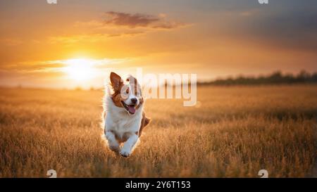 Glücklicher Hund, der durch ein wunderschönes Feld läuft. Stockfoto