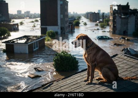 Ein Hund, der der Flut entkommen ist, steht auf dem Dach eines Hauses. Eine massive Überschwemmung hat die Stadt überschwemmt und Verwüstung hinterlassen. KI generiert Stockfoto