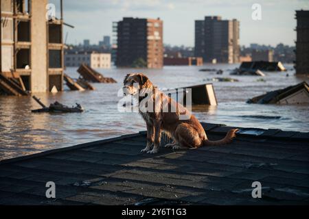 Ein einsamer Hund, der der Flut entkommen ist, steht auf dem Dach eines Hauses. Eine massive Überschwemmung hat die Stadt überschwemmt und Verwüstung hinterlassen. KI generiert Stockfoto