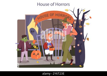 Halloween feiern. Glückliche Kinder im Kostüm. Freunde auf einer Trick-or-Treat-Party, die ins Spukhaus gehen. Karnevalsdekoration und Kürbisse. Gruselige Nachttradition. Illustration des flachen Vektors Stock Vektor