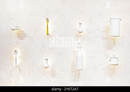 Dekorative Gegenstände, Schalen an der Wand in einem stilvollen Interieur. Moderne Trends Stockfoto