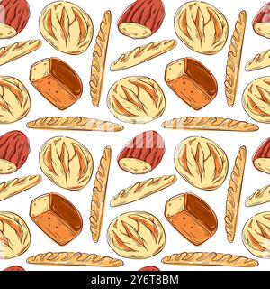 Nahtloses Muster mit verschiedenen Brotsorten wie Brotlaibe, Baguettes und runden Brotsorten im Line-Art-Stil. Perfekter Hintergrund für Backwaren und Verpackungen Stock Vektor