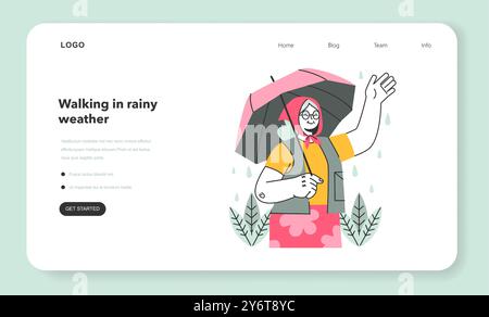 Seniorenfigur unter dem Webbanner oder der Landing-Page „Regen“. Regnerisches und bewölktes Wetter im Sommer oder Frühling. Eine alte Frau unter dem Schirm, die draußen läuft. Illustration des flachen Vektors Stock Vektor