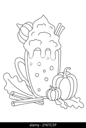 Eine Person, die eine Illustration eines Cartoon-Kürbis-Milchshakes mit Halloween-Motiv auf Einer Malseite ausmalt Stock Vektor