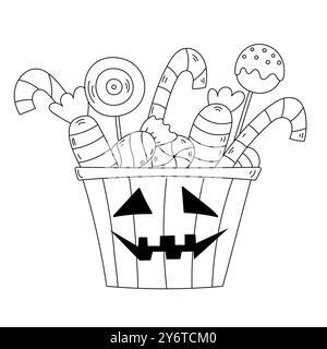 Malseite Cartoon-Illustration von Halloween zeigt Bonbons in Einem Korb, Stock Vektor