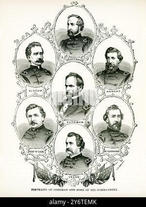 Hier sind General Sherman und einige seiner Kommandanten. Von oben nach unten, von links nach rechts: Rosecranz, Slocum, Howards, Sherman, Robert McCook, McClernand, Logan. . William Tecumseh Sherman war ein US-amerikanischer Soldat, Geschäftsmann, Pädagoge und Autor. Er diente als General in der Union Army während des Amerikanischen Bürgerkrieges und war ein wichtiger Architekt der modernen Kriegsführung. Er führte die Gewerkschaftsstreitkräfte in Niederschlagungskampagnen durch den Süden und marschierte durch Georgien und die Carolinas (1864–65). Stockfoto