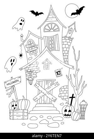 Ausmalseiten von Halloween Cartoon Castle mit Geistern Stock Vektor