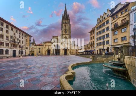 Blick auf die Kathedrale auf der Plaza Alfonso II el Casto in Oviedo, Asturien. Spanien. Stockfoto