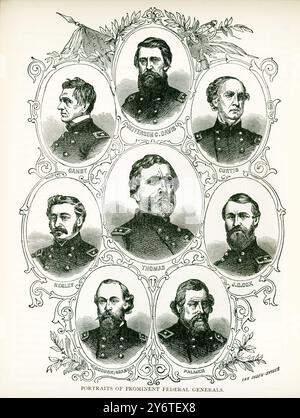 Diese Illustration aus den frühen 1900er Jahren zeigt Porträts prominenter Bundesgeneräle während des US-Bürgerkriegs. Von oben nach unten, von links nach rechts: Jefferson C Davis, Canby, Curtis, Thomas, Negley, J D Cox, Gordon Grander, Palmer. Stockfoto