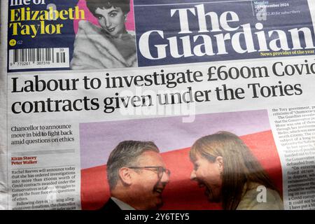 "Arbeit zur Untersuchung von COVID-Verträgen im Wert von 600 Mio. £, die unter der Überschrift der Zeitung Tories' Guardian veröffentlicht wurden, 23. September 2024 London UK Stockfoto