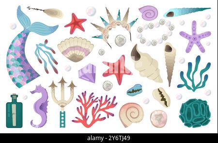 Set mit Meerjungfrau-Elementen. Magische Unterwasserwelt, Muscheln, Seesterne, Korallen und Algen. Unterwasser-Feen-Meeresbewohner, die im Ozean leben. Illustration des flachen Vektors Stock Vektor