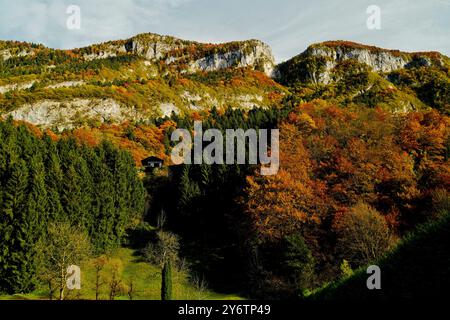 Archäologischer Naturpark Fiavé. Herbstlandschaft. Provinz Trient. Trentino Südtirol, Italien Stockfoto