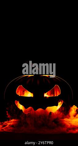 Jack-o'-Lampenkürbis mit rotem Rauch aus dem Mund vor dunklem Hintergrund. Halloween gruseliger, gruseliger vertikaler Hintergrund. 3D-Rendering-Abbildung Stockfoto