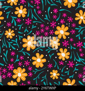 Nahtloses Vektor-Blumenmuster. Handgezeichnete nette bunte Blumen auf schwarzem Hintergrund, Textil. Vektorabbildung Stock Vektor