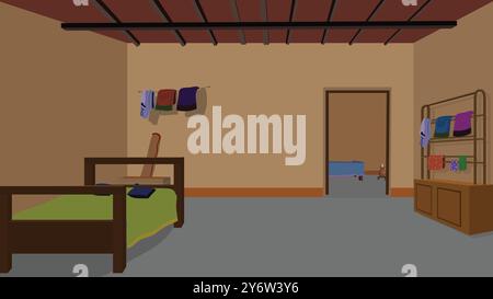Zimmermöbel Innenkonzept. Vektor Grafik Design Cartoon Illustration . Indisches Dorf Innendesign mit Holztürmöbeln und einer Tür Stock Vektor