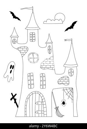Ausmalseiten von Halloween Cartoon Castle mit Geistern Stock Vektor