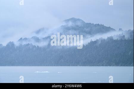 Nebelbedeckte Berge im Chugach National Forest entlang der Küste des College Fjords Stockfoto