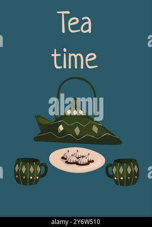 Teezeit Vektor-Illustration mit zwei Tassen Heißgetränk, süßen Desserts und Teekanne auf einem grünen Hintergrund Stock Vektor