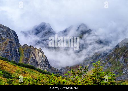 Wolkenbedeckte Granit Peaks entlang des Reed Lakes Trailhead in der Talkeetna Mountain Range nahe dem Hatcher Pass Stockfoto