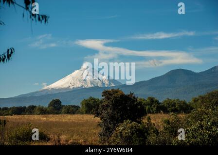 Die Landschaft eines Feldes mit dem Vulkan Popocatépetl im Hintergrund. Stockfoto