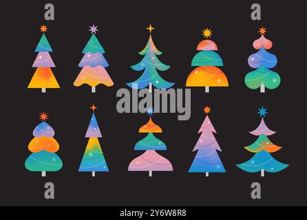 Moderne Weihnachtsbaumkollektion. Moderner Stil, Farbverlauf, minimalistische Bäume. Farbenfrohes, lebendiges Konzept Stock Vektor