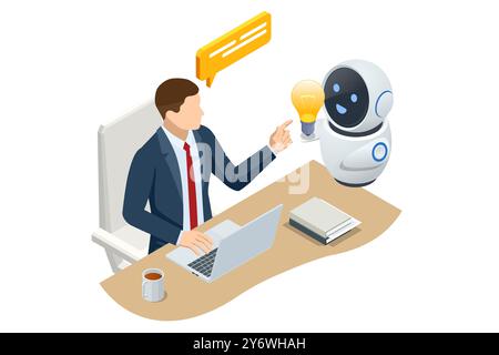 Isometrischer generativer Bot zum Erstellen von Ideen, Bearbeiten und Suchen nach Fragen. Künstliche Intelligenz. Eine Person und ein Roboter arbeiten an Laptops zusammen Stock Vektor