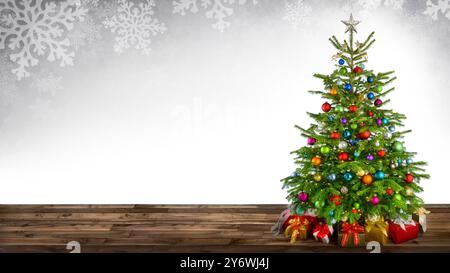 Festliche helle Weihnachtsszene mit einem elegant dekorierten Tannenbaum und weißem Wandhintergrund als Kopierraum mit grauen Schneeflocken-Design Stockfoto