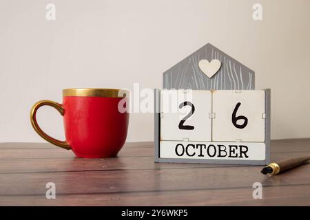 Oktober 26 Kalendertext auf Holzblöcken mit Kopierraum für Ideen.ndar Datumstext auf Holzblöcken mit Kopierraum für Ideen. Cop Stockfoto