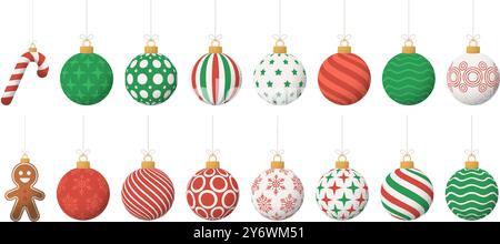 Große Retro-weihnachtskugeln auf weißem Hintergrund. Grünes weiß und rotes Set mit wunderschöner Weihnachtsdekoration. Weihnachtliche Elemente, Design für Stock Vektor