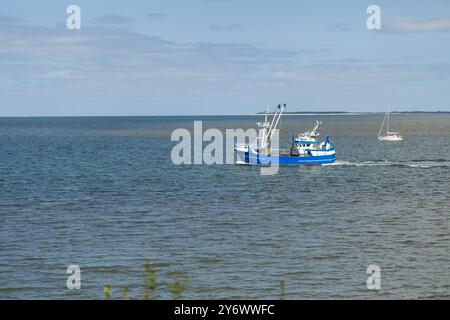 Ein hellblaues Fischerboot bewegt sich anmutig durch das ruhige Wasser und hinterlässt sanfte Wellen, während es sich der Küste nähert, während ein Segelboot friedlich dahintreibt Stockfoto