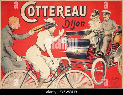 Vintage-französisches Fahrrad- und Automobilwerbung-Poster: Cottereau, Cycles and Automobile Dijon. Mit einer Frau, die ihr Fahrrad von Lerckel 1905 fährt Stockfoto