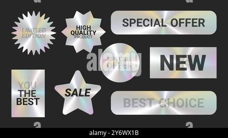 Holografische Aufkleber Logos Emblem Etiketten Farbsatz dunkler Hintergrund. Zur Verpackung von Werbematerial. Aufkleber für Kleidung oder Accessoires. Vektorabbildung. Stock Vektor