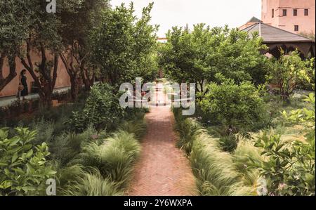 Gruppe von Menschen saß entspannt in einem schönen formellen botanischen Garten mit grünen Pflanzen, Olivenbäumen und Blumen im Sommer, berühmtes Reiseziel, L Stockfoto