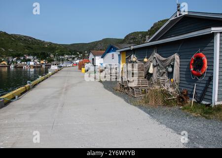 Fischernetze und Hummerfallen, die auf dem Dock in Petty Harbour–Maddox Cove, Neufundland & Labrador, Kanada, gelagert werden Stockfoto