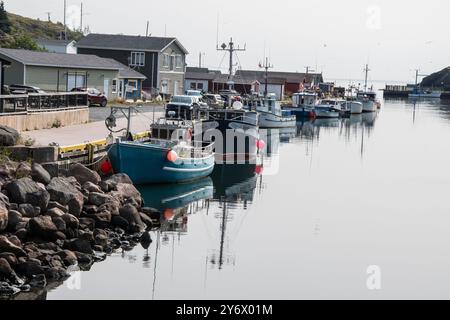 Fischerboote sind am Dock in Petty Harbour–Maddox Cove, Neufundland & Labrador, Kanada, gebunden Stockfoto