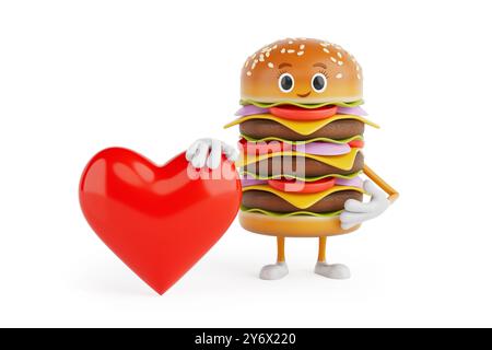 Cartoon Premium Delicious Burger Icon Person Figur Maskottchen mit rotem Herzen auf weißem Hintergrund. 3D-Rendering Stockfoto