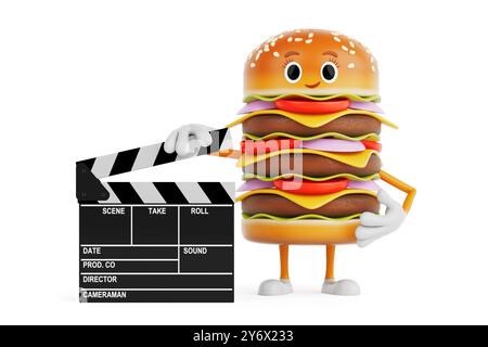 Cartoon Premium Delicious Burger Icon Person Charakter Maskottchen mit Film Clapper Board auf einem weißen Hintergrund. 3D-Rendering Stockfoto