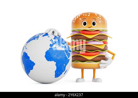 Cartoon Premium Delicious Burger Icon Person Figur Maskottchen mit Erdkugel auf weißem Hintergrund. 3D-Rendering Stockfoto