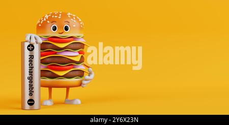 Cartoon Premium Delicious Burger Icon Person Charakter Maskottchen mit wiederaufladbarer Batterie auf einem gelben Hintergrund. 3D-Rendering Stockfoto