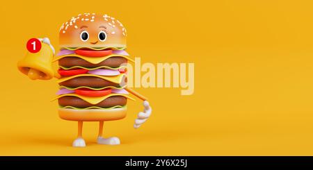 Cartoon Premium Delicious Burger Icon Person Charakter Maskottchen Witz Cartoon Social Media Benachrichtigung Glocke und neue Nachricht Symbol auf gelbem Hintergrund. Stockfoto