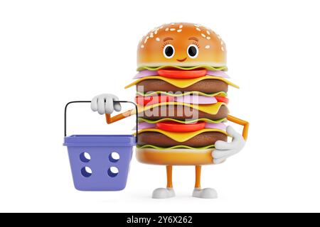 Cartoon Premium Delicious Burger Icon Person Figur Maskottchen mit Cartoon Shopping Basket auf weißem Hintergrund. 3D-Rendering Stockfoto