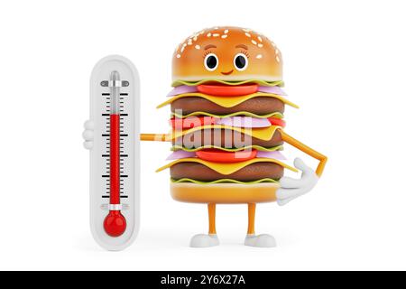 Cartoon Premium Delicious Burger Icon Person Charakter Maskottchen mit Outdoor Thermometer auf einem gelben Hintergrund. 3D-Rendering Stockfoto