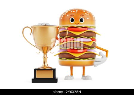 Cartoon Premium Delicious Burger Icon Person Maskottchen mit Golden Award Trophy auf weißem Hintergrund. 3D-Rendering Stockfoto
