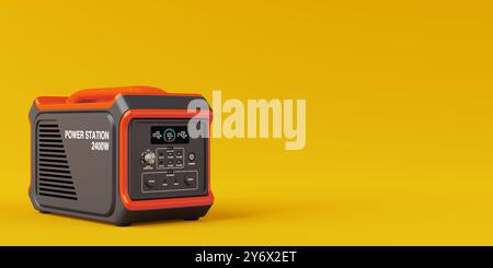 Tragbare Stromerzeugungsstation mit hoher Kapazität auf gelbem Hintergrund. 3D-Rendering Stockfoto