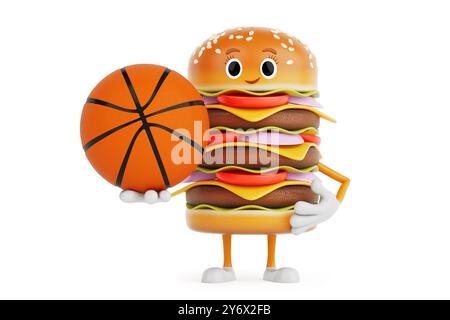Cartoon Premium Delicious Burger Icon Person Figur Maskottchen mit Basketballball auf weißem Hintergrund. 3D-Rendering Stockfoto